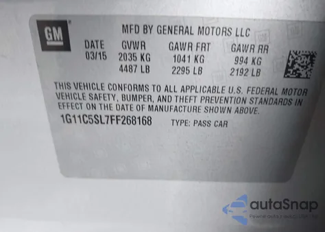 2015 Chevrolet Malibu 1Lt from USA, damaged, VIN 1G11C5SL7FF268168